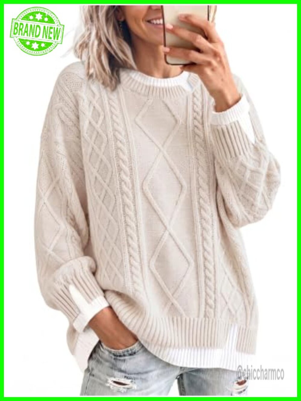 Oversized Cable Knit Sweater Chunky Crewneck Pullover Fall Winter